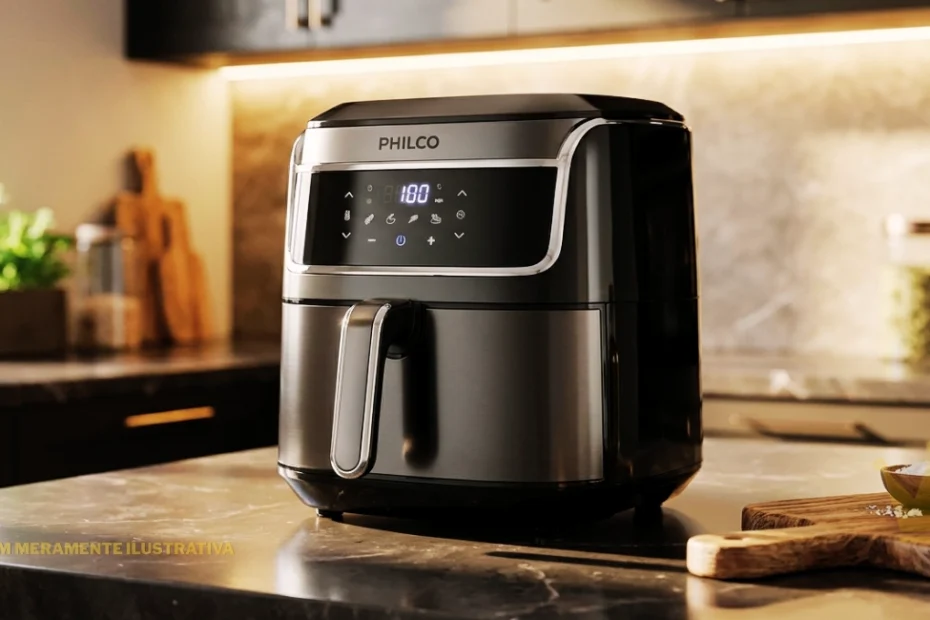 Air Fryer Philco preta com acabamento em inox, painel digital touch iluminado e visor frontal, posicionada sobre uma bancada de mármore em uma cozinha moderna e elegante. O eletrodoméstico apresenta design robusto, cesto frontal com puxador metálico e painel com indicação de temperatura de 180 °C, além de ícones de funções para diferentes preparos. Ao fundo, há armários escuros, iluminação LED quente sob os móveis superiores, utensílios de cozinha e uma tábua de madeira com temperos e azeite, criando um ambiente aconchegante e sofisticado. A imagem destaca a aparência moderna da Air Fryer Philco, ideal para quem busca praticidade, estilo e funcionalidade na preparação de alimentos em casa. A inscrição “imagem meramente ilustrativa” aparece em amarelo no canto inferior esquerdo.