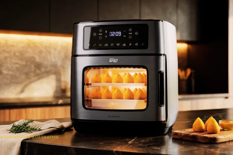 Air Fryer Wap Oven Black Inox de 12 litros em destaque sobre uma bancada de cozinha moderna, com acabamento preto e inox escovado, painel digital touch iluminado, visor transparente e luz interna acesa, permitindo visualizar coxinhas douradas organizadas em duas grelhas durante o preparo. O eletrodoméstico apresenta design vertical, porta frontal com puxador lateral, controles de temperatura e timer digital, além de estrutura robusta e elegante. Ao lado, há coxinhas servidas sobre uma tábua de madeira com um pequeno recipiente de molho, enquanto o ambiente apresenta iluminação quente, armários escuros e revestimento de pedra natural. A imagem ilustra a praticidade, a capacidade ampla e a versatilidade da Air Fryer Wap para preparar alimentos crocantes com pouco ou nenhum óleo adicionado, sendo uma opção para quem busca funcionalidade e modernidade na cozinha.