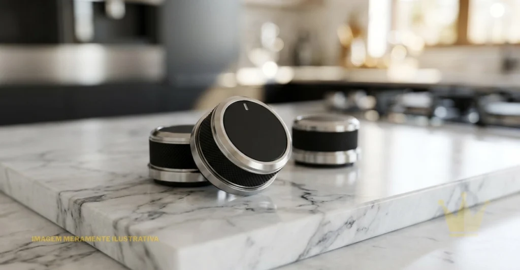 Botão de Fogão: Onde Comprar e Como Trocar por Marca 1 Fotografia em plano fechado de um botão de fogão moderno e elegante, com acabamento metálico prateado e centro preto, apoiado sobre uma bancada de mármore branco veINAdor em uma cozinha iluminada. Ao fundo, outros dois botões semelhantes aparecem levemente desfocados, acompanhados pelo fogão e armários em tom escuro. No canto inferior esquerdo, há o texto discreto "IMAGEM MERAMENTE ILUSTRATIVA" e, no canto direito, um pequeno logotipo em formato de coroa dourada.