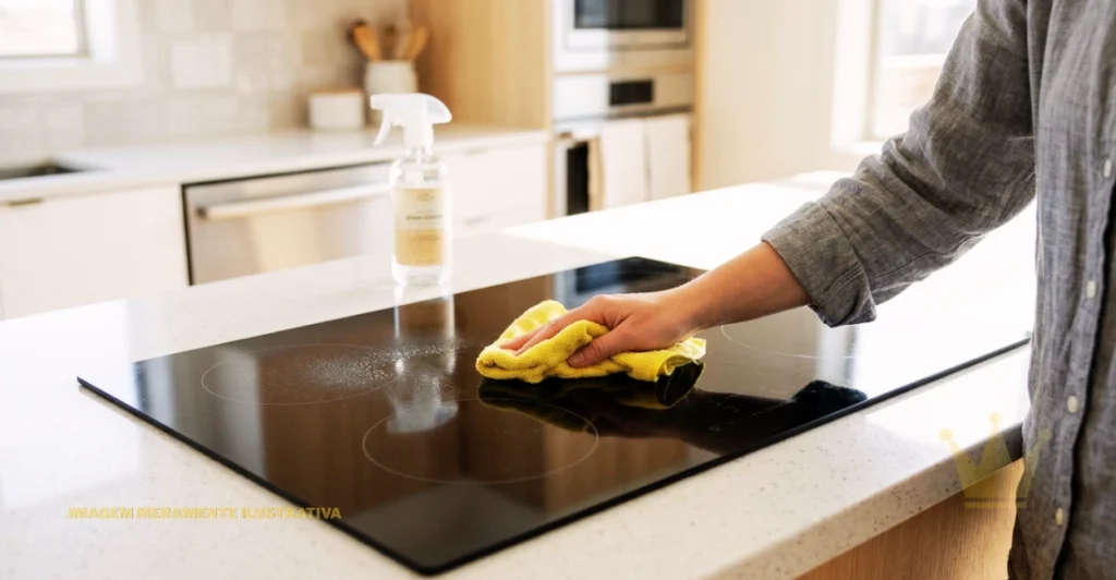 Como Limpar Cooktop (Vidro, Indução e Inox): Passo a Passo 1 Como Limpar Cooktop: pessoa utilizando um pano de microfibra amarelo para limpar cuidadosamente a superfície preta e brilhante de um cooktop de vidro instalado em uma bancada de cozinha branca, removendo manchas, respingos de gordura e resíduos de sujeira sem riscar o material. O aparelho possui quatro áreas circulares de aquecimento demarcadas no vidro e painel de controle sensível ao toque na parte frontal direita. Ao fundo, aparece uma cozinha moderna, iluminada por luz natural, com armários claros, forno embutido em aço inoxidável, bancada organizada e um frasco borrifador de produto de limpeza posicionado próximo à janela. A imagem ilustra os cuidados necessários para Como Limpar Cooktop de vidro corretamente, utilizando um pano macio e produtos adequados para preservar o brilho, evitar riscos e manter o eletrodoméstico limpo e bem conservado.