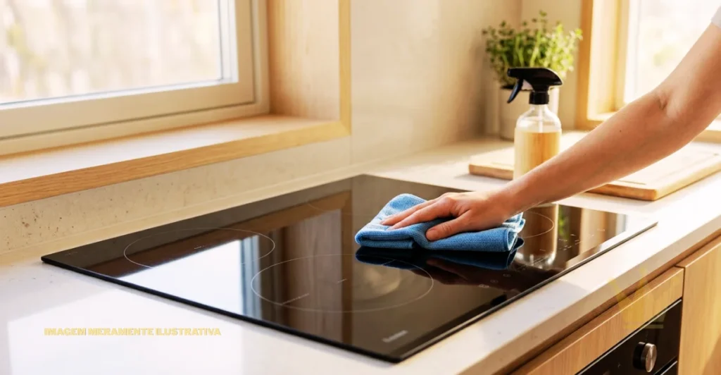 Como Limpar Fogão de Indução Corretamente? 1 Como Limpar Fogão de Indução: cooktop de indução preto com superfície de vidro brilhante sendo cuidadosamente limpo com um pano de microfibra azul por uma pessoa, destacando a remoção de sujeiras, marcas e resíduos da mesa vitrocerâmica sem riscar ou danificar o aparelho; ambiente de cozinha moderna, iluminada pela luz natural da janela, bancada clara ao redor do fogão, frasco de produto de limpeza com borrifador ao fundo e utensílios de cozinha sobre a bancada.