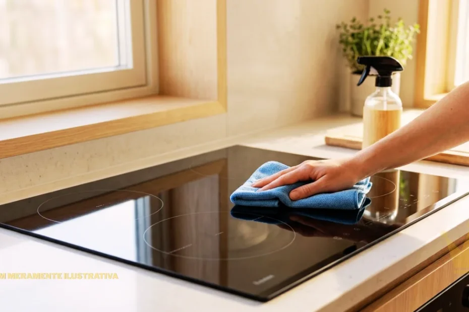 Como Limpar Fogão de Indução: cooktop de indução preto com superfície de vidro brilhante sendo cuidadosamente limpo com um pano de microfibra azul por uma pessoa, destacando a remoção de sujeiras, marcas e resíduos da mesa vitrocerâmica sem riscar ou danificar o aparelho; ambiente de cozinha moderna, iluminada pela luz natural da janela, bancada clara ao redor do fogão, frasco de produto de limpeza com borrifador ao fundo e utensílios de cozinha sobre a bancada.