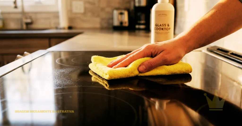 Como Limpar Fogão de Vidro Preto Sem Riscar: Guia Completo 1 Uma mão humana segurando um pano de microfibra amarelo limpa a superfície de vidro preta e brilhante de um fogão cooktop de cerâmica em uma cozinha moderna. Gotículas finas de água e produto de limpeza são visíveis na superfície perto do pano, sendo limpas. O braço da pessoa vem do canto superior direito da imagem, focado na ação de limpar. No fundo desfocado, à direita, está um frasco branco de produto de limpeza com um rótulo que diz "GLASS & COOKTOP" (Vidro e Fogão). A cozinha ao fundo é de cores neutras, com pias, armários de madeira e eletrodomésticos de aço inoxidável em segundo plano. A imagem tem luz quente e difusa, criando reflexos na superfície de vidro preta, o que torna visível a limpeza em andamento. Há texto sobreposto no canto inferior esquerdo que diz "IMAGEM MERAMENTE ILUSTRATIVA" e um pequeno logotipo de coroa no canto inferior direito. O foco nítido é na mão e na área que está sendo limpa, fornecendo um guia visual sobre **como limpar fogão de vidro preto** de maneira segura e eficaz.