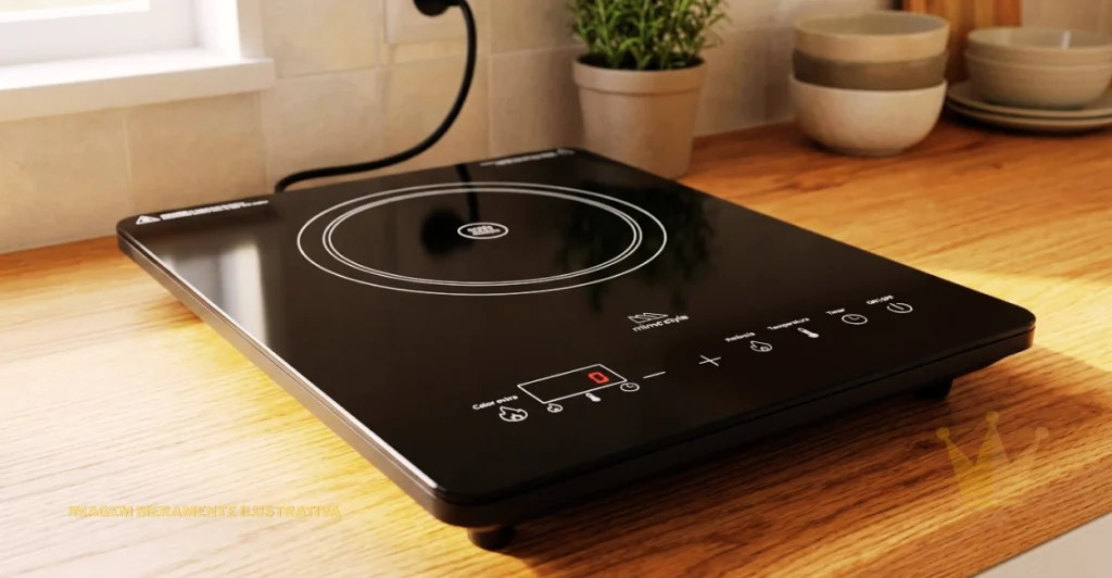 Cooktop Mimo Style CI01 1 Boca: É Bom Mesmo? Análise Sincera 1 Cooktop Mimo Style CI01 1 Boca preto, portátil e elétrico, instalado sobre uma bancada de madeira em uma cozinha moderna. O aparelho apresenta superfície lisa de vidro preto brilhante, uma área circular de aquecimento por indução magnética, painel de controle digital touch com visor numérico e botões sensíveis ao toque para ajustar a potência e as funções de preparo. Ao fundo, aparecem uma tomada com cabo de alimentação conectado, vasos decorativos com plantas, tigelas de cerâmica e pratos organizados sobre a bancada, compondo um ambiente doméstico aconchegante. A imagem destaca o design compacto do Cooktop Mimo Style CI01 1 Boca, ideal para quem procura praticidade, mobilidade e economia de espaço na cozinha.