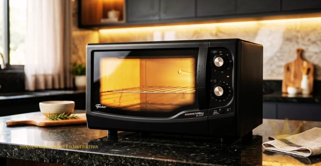 Forno Elétrico Fischer: É Bom? Análise Completa do Gourmet Grill 44 Litros 1 Fotografia em ambiente interno de cozinha moderna e bem iluminada, destacando sobre uma bancada de granito escuro e polido o Forno Elétrico Fischer modelo Gourmet Grill Black. O aparelho de bancada possui acabamento externo totalmente preto, com porta de vidro espelhado e transparente que exibe o interior aquecido e iluminado em tom amarelado aconchegante, deixando visível uma grelha metálica interna. Na lateral direita do eletrodoméstico, encontra-se o painel de controle com dois botões giratórios cromados (dourados/prateados) com marcações numéricas ao redor para controle de temperatura e timer, além de um indicador luminoso ligado. No canto inferior esquerdo da porta está a marca "Fischer" escrita em branco, e no canto inferior direito do painel lê-se "GOURMETGRILL BLACK". Ao fundo, a cozinha apresenta armários escuros superiores com iluminação em LED embutida amarelada, parede com revestimento em mármore claro, uma tábua de corte de madeira e uma janela com cortinas claras trazendo luz natural. Sobre a bancada, ao lado esquerdo do forno, há uma pequena tigela e uma tábua de madeira com ramos de alecrim, e à direita, um pano de prato dobrado. No canto inferior esquerdo da imagem há o texto "IMAGEM MERAMENTE ILUSTRATIVA".