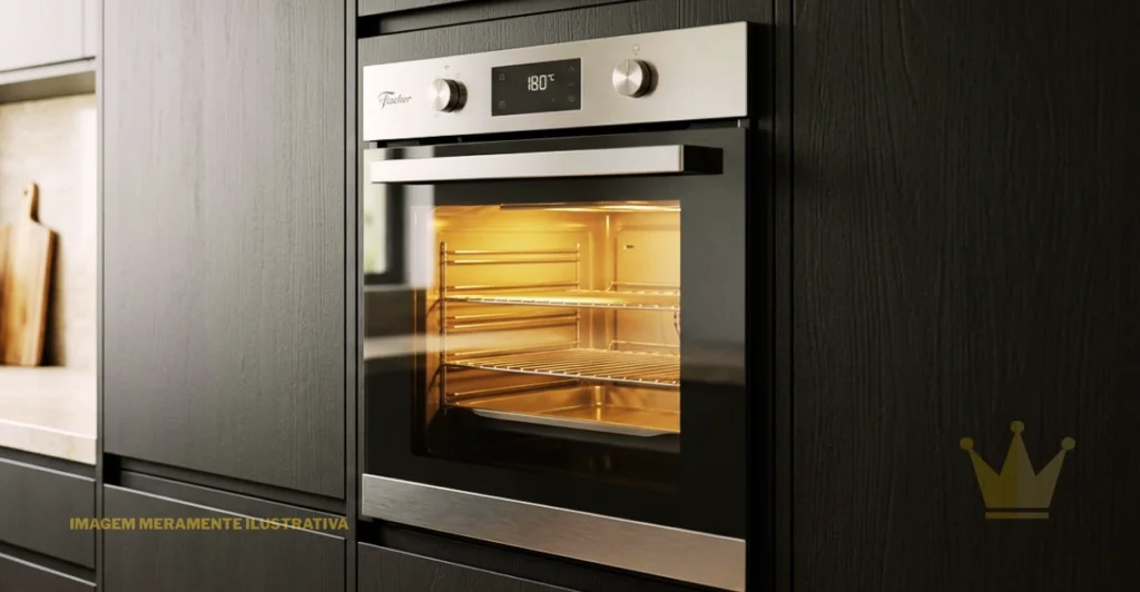 Forno Elétrico de Embutir: Vale a Pena? Guia de Compra 1 Forno Elétrico de Embutir da marca Fischer instalado em um nicho de cozinha planejada, com acabamento frontal em aço inox escovado, porta de vidro preto com ampla janela transparente e puxador horizontal metálico. O eletrodoméstico apresenta painel superior com dois botões giratórios prateados, visor digital central indicando a temperatura de 180 °C e logotipo Fischer na parte frontal esquerda. A porta permite visualizar o interior iluminado em tom amarelo-alaranjado, com grades metálicas em diferentes níveis para acomodar assadeiras e preparar bolos, carnes, tortas e outras receitas. O forno está integrado a armários pretos com textura amadeirada, criando um contraste elegante com o acabamento metálico do aparelho. À esquerda, aparece parte de uma bancada clara, um utensílio de madeira apoiado na parede e gavetas inferiores, compondo um ambiente moderno e funcional. A imagem destaca o design sofisticado, a instalação embutida e a iluminação interna do Forno Elétrico de Embutir, ideal para cozinhas planejadas e para quem busca praticidade, aproveitamento de espaço e elegância na hora de preparar alimentos. A inscrição “IMAGEM MERAMENTE ILUSTRATIVA” aparece na parte inferior esquerda, enquanto um símbolo de coroa dourada está localizado no canto inferior direito.