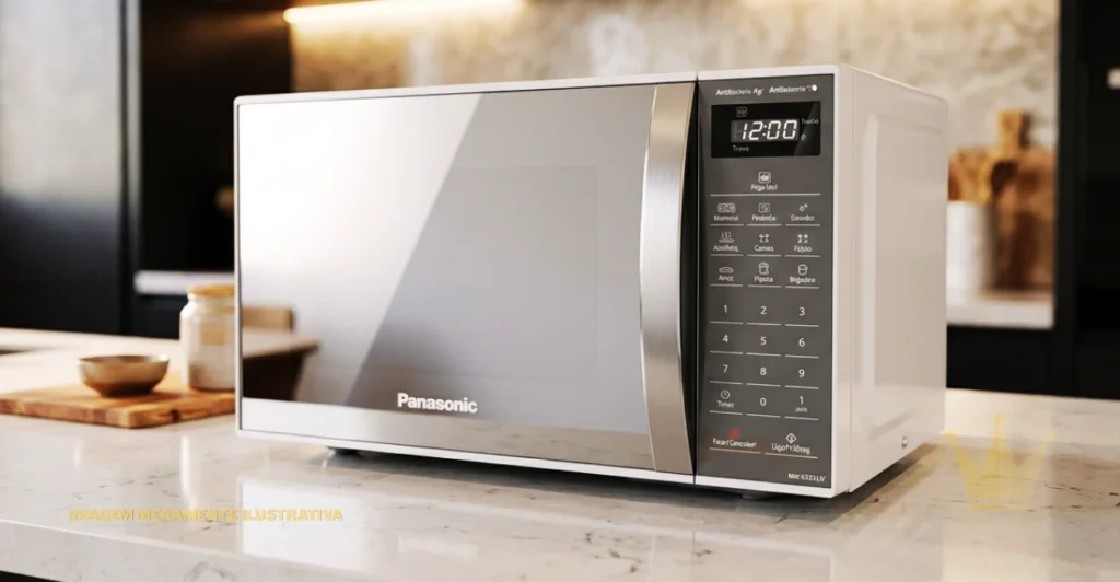 Microondas Panasonic: É bom? Ficha Técnica, Vantagens e Preço 1 Microondas Panasonic em acabamento prateado, com porta frontal espelhada, puxador vertical, painel digital preto com teclado numérico e botões de funções pré-programadas, além de relógio digital exibindo 12:00. O aparelho está apoiado sobre uma bancada de mármore claro em uma cozinha moderna, com armários escuros ao fundo, iluminação quente e utensílios de cozinha sobre uma tábua de madeira. A imagem destaca o design elegante do Microondas Panasonic, seu painel de controle intuitivo e o visual sofisticado que combina com cozinhas contemporâneas.